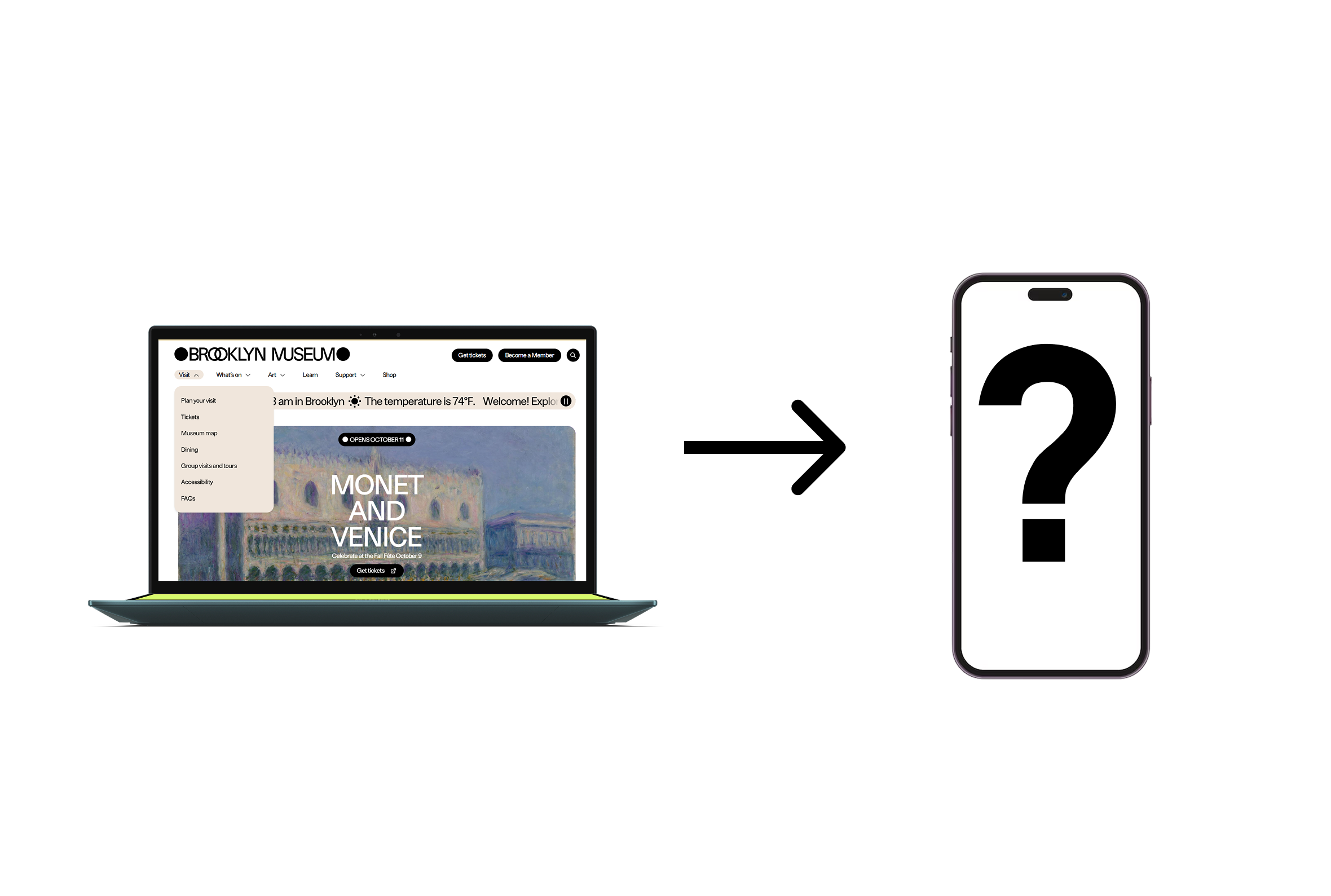 The Brooklyn Museum website on a laptop, with an arrow pointing to a blank phone: translating web to mobile
